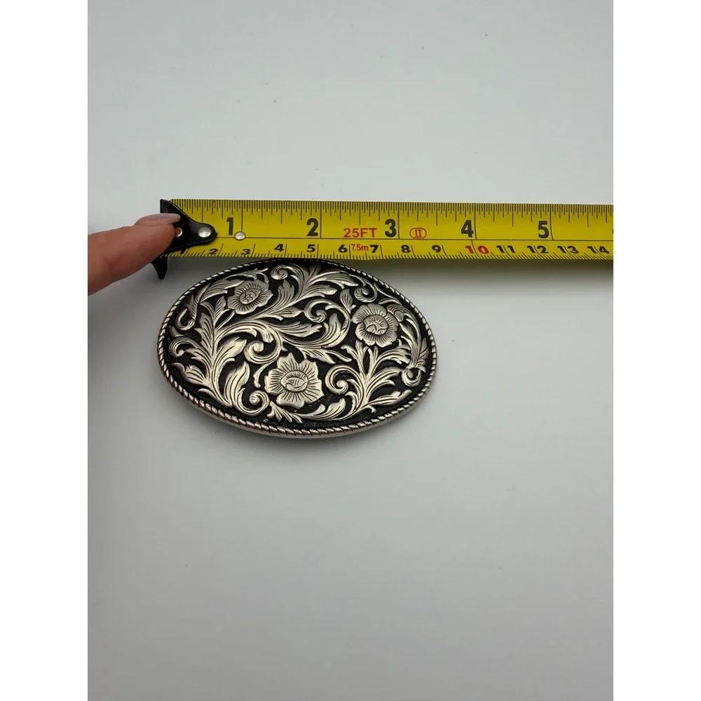 Vintage Silver Tone Floral Oval Belt Buckle Western Cowboy Scrollwork Design
